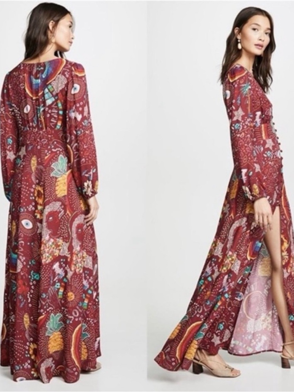 NWT FARM Rio Burgundy Borogodo Long Balloon Sleeve Maxi Dress Women’s Size Small - Picture 2 of 14